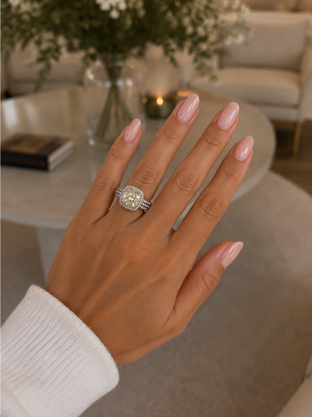 Yellow Halo Statement Ring Silver Tone Cocktail Ring Size 7